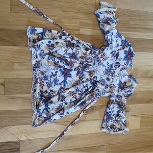 Rare Editions Blue and White Blouse with Peter Pan Collar and Ruched Tie Front
